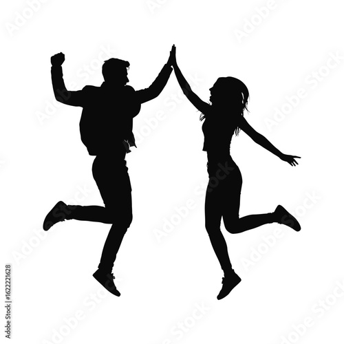 Silhouette of a Happy Jumping Couple Giving High Five Teamwork Success