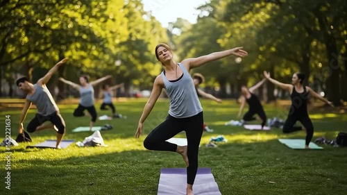 Yoga class in park on sunny day