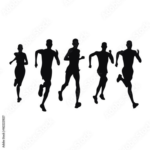 Five diverse silhouette runners showcase power and momentum against a solid backdrop in this image