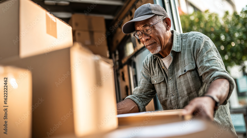 Obraz premium Man in cap unloading boxes from van with glasses and plaid shirt outdoors