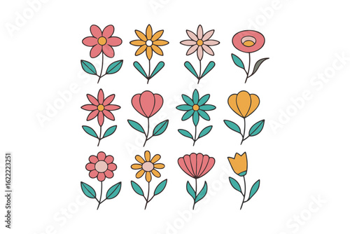 Charming collection of fifty whimsical flower illustrations