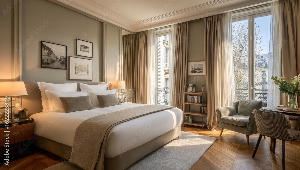 Fototapeta premium Luxurious bedroom with large windows