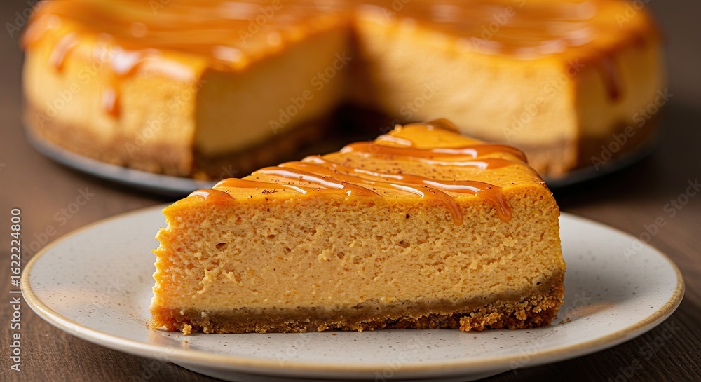 Delicious slice of pumpkin cheesecake with caramel drizzle on a plate Delicious slice of pumpkin cheesecake with caramel drizzle on a plate