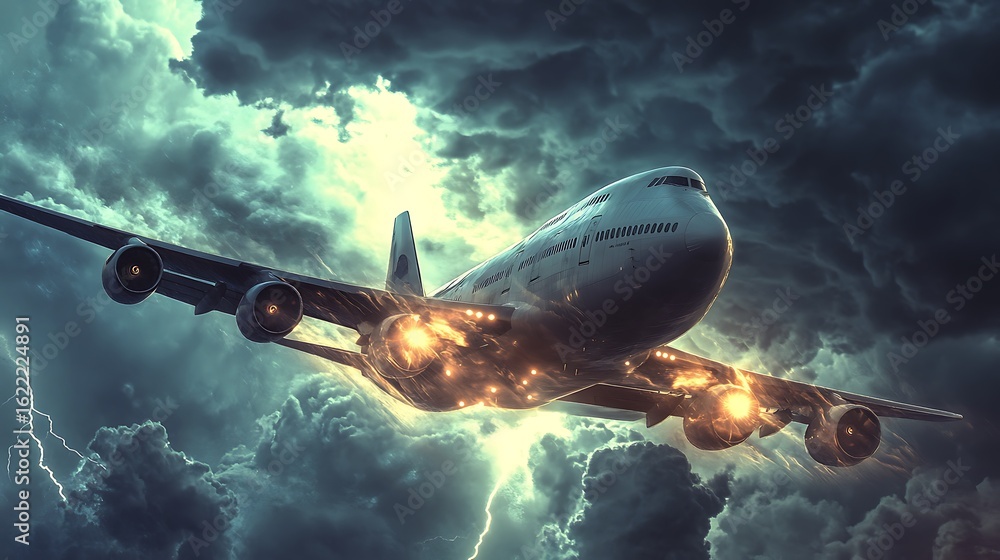 Jumbo Jet Flying Through Stormy Skies With Lightning Strikes Illustration Jumbo Jet Flying Through Stormy Skies With Lightning Strikes Illustration