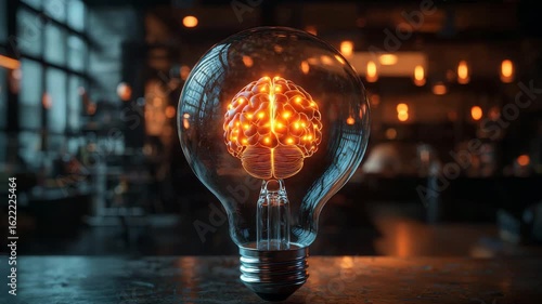 Lightbulb with a glowing brain inside representing innovation and ideas in a modern workspace
