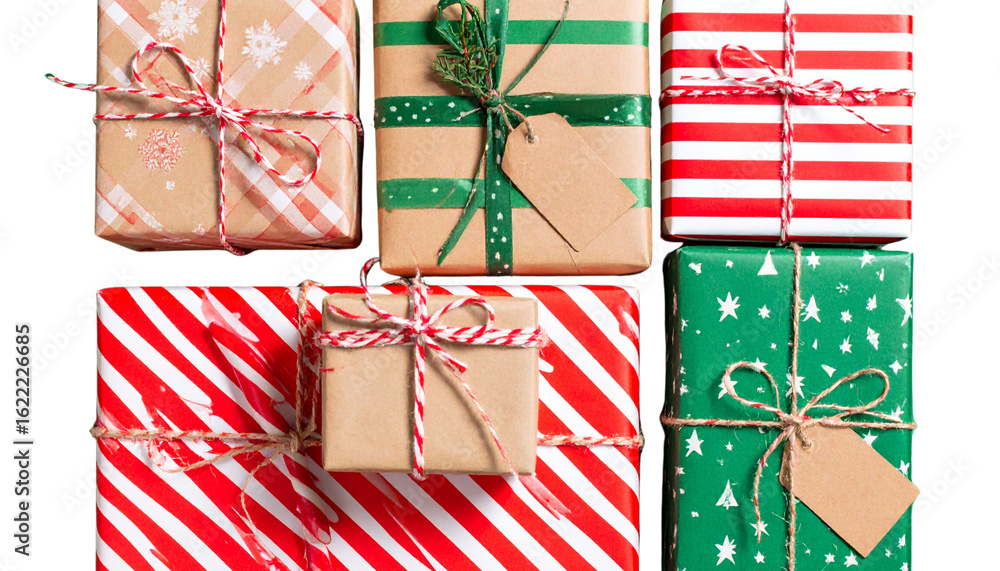 Fototapeta premium Stacked Christmas Gift Boxes in Various Sizes and Patterns, Top-Down View, Transparent Background.