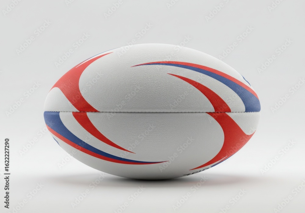 Fototapeta premium Close up of a white rugby ball with red and blue swirling patterns