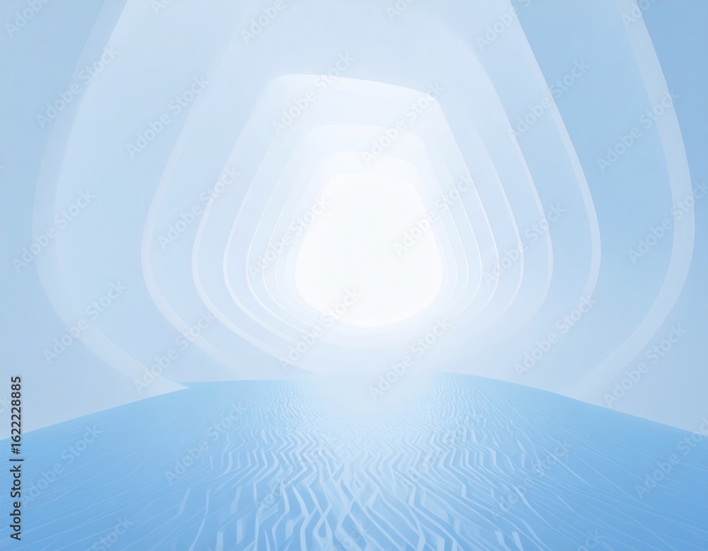 Naklejka premium A surreal scene of a series of white, concentric, arch-like structures creating a tunnel effect. The ground appears to be a stylized, textured surface resembling light blue sand, with rippled patterns