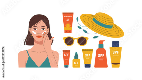 Protecting Skin: Woman Applying Sunscreen with Hat and Sunglasses for UV Safety, Skin Care and Summer Vacation Preparation, Sun Protection