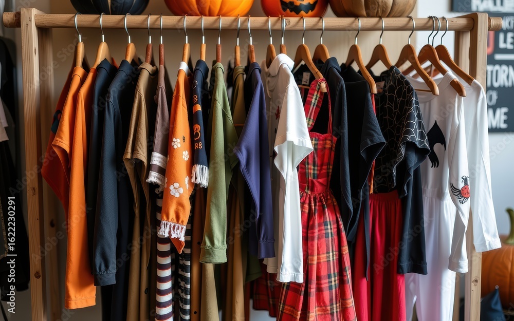 Clothing rack displaying various shirts and dresses. Clothing rack displaying various shirts and dresses.