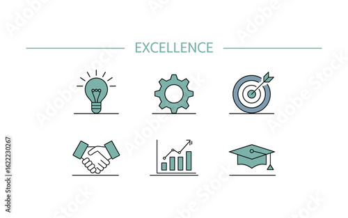 Achieving Excellence: Icons Representing Success, Innovation, Collaboration, and Education, perfect for Business, Marketing, and Growth strategy presentations and visual elements