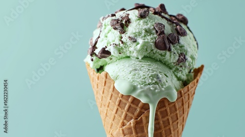 A mint chocolate chip ice cream cone drips, highlighting its creamy texture and toppings.