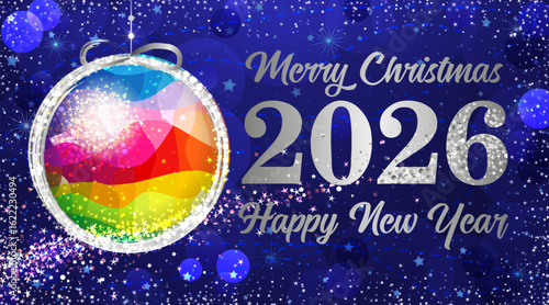 Happy New Year 2026 social media banner with colorful ball and glitters. Winter holiday backdrop, stained glass textured 3D circle with isolated clipping mask. Fir tree decorations and Christmas light