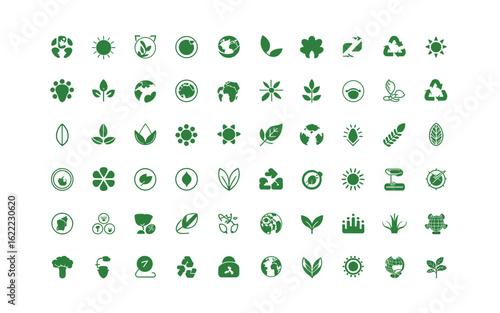 Collection of Green Eco and Environment Icons: Sustainability, Conservation, Renewable Energy, and Organic Concepts for Design and Web Projects