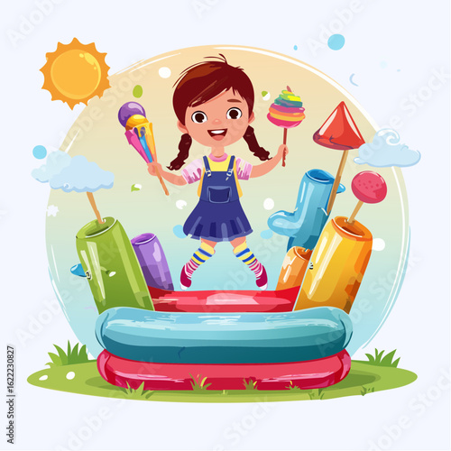 This candy cartoon is mid-bounce on a licorice bouncy castle, with jellybeans flying and energy soaring