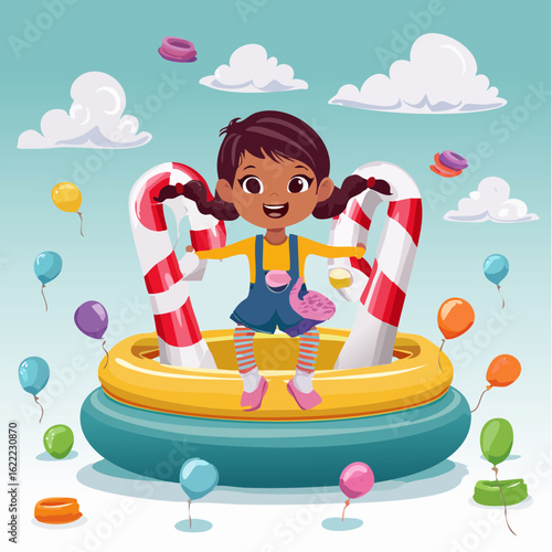 This candy cartoon is mid-bounce on a licorice bouncy castle, with jellybeans flying and energy soaring