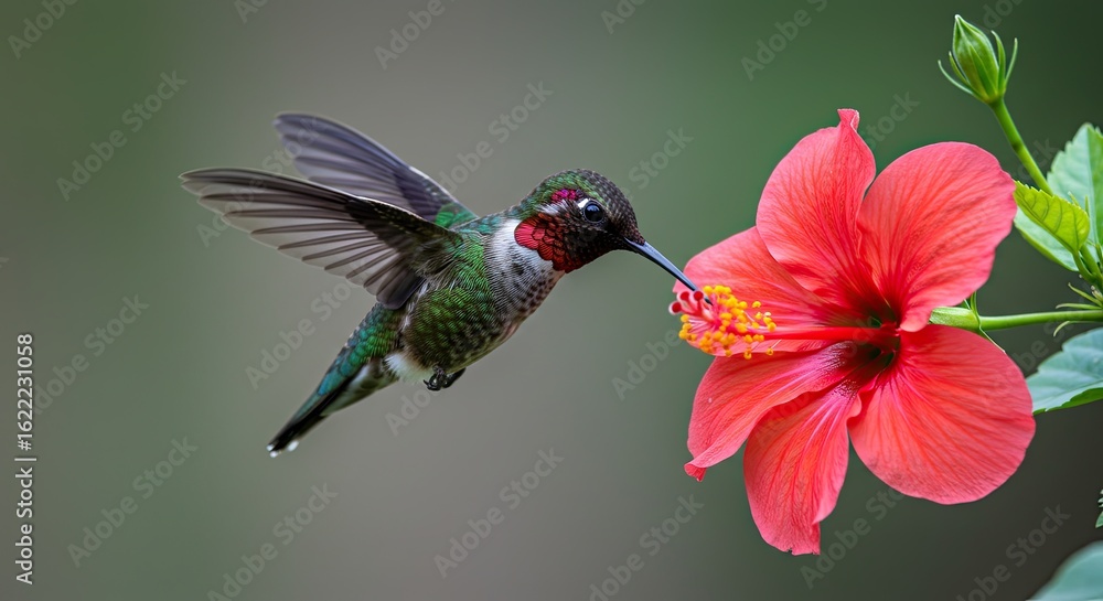 Fototapeta premium Ruby-throated hummingbird feeding on a vibrant red hibiscus flower nectar