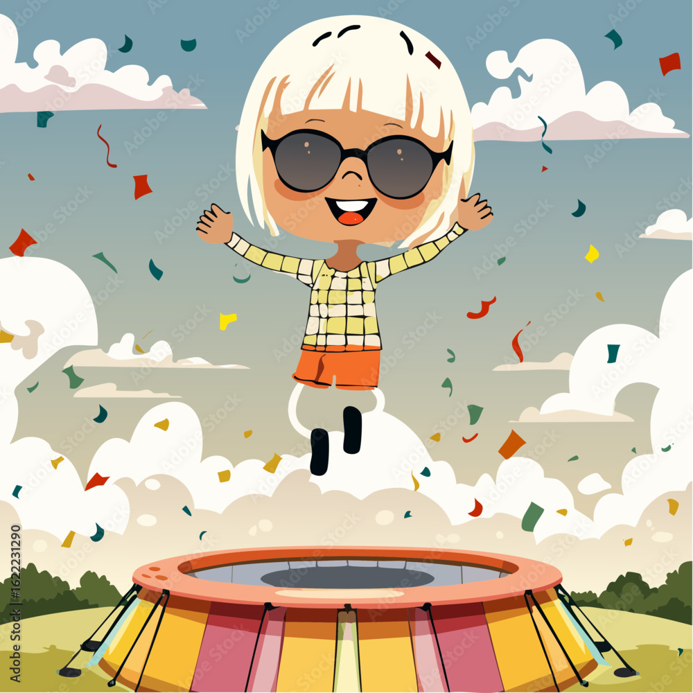 Naklejka premium A bubbly forest of soda trees surrounds this cartoon as they bounce on jelly in checkerboard pants and candy curls.
