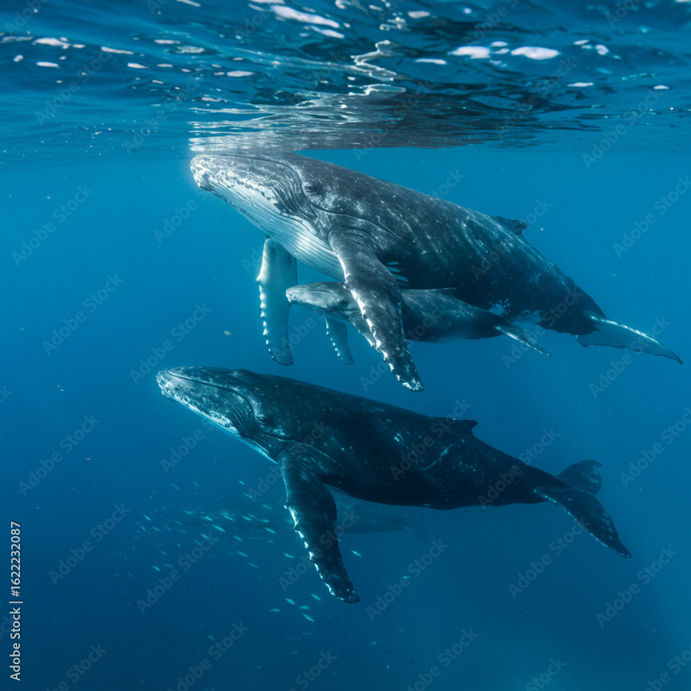 Fototapeta premium Underwater View of Humpback Whales Swimming in the Deep Blue Ocean, Marine Life
