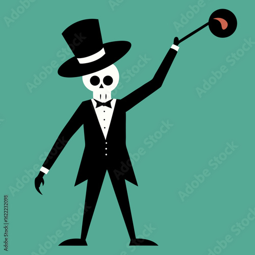 Dapper skeleton magician in top hat performing with wand