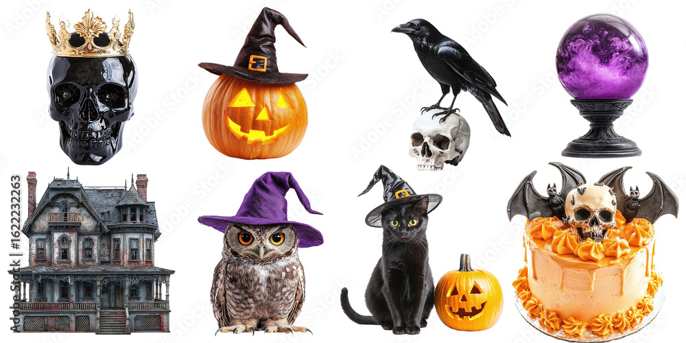 Obraz premium A set of Halloween items isolated on a transparent PNG background. Abandoned house, a magic ball, a crow, a skull, an owl in a witch's hat, a cat with a Halloween pumpkin