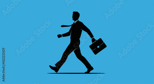 Businessman Walking Silhouette with Briefcase on Blue Background