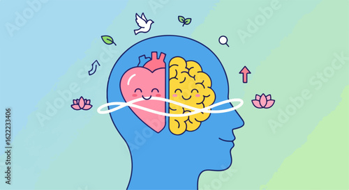 Human Brain and Heart Illustration for Wellness and Mental Health