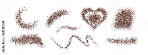 Coffee powder abstract shapes collection. Realistic 3D granule splashes in heart, curve, swirl, and spot forms. Vector dust texture set