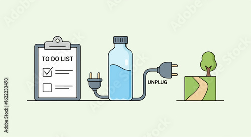 Eco-Friendly Water Bottle Unplugged Nature Scene Illustration