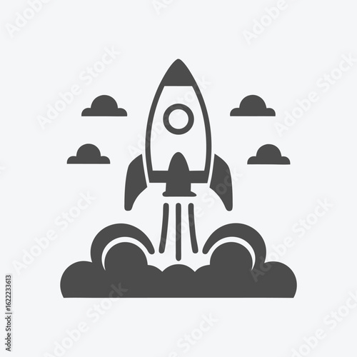 A gray rocket launch soars between dark clouds in a minimalist design