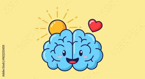 Cheerful Brain Character with Sun and Heart Illustration