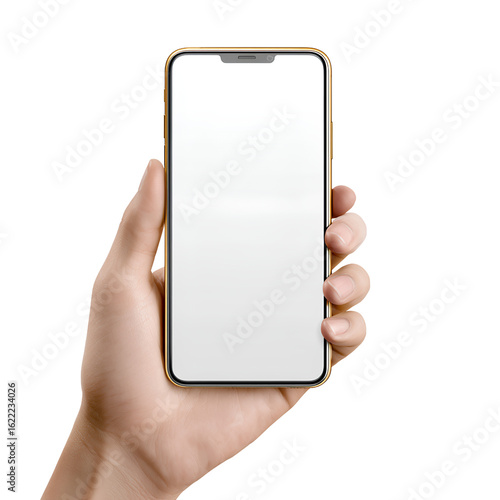Frontal View of Hand Holding Smartphone with Blank Screen, Centered Mockup, Transparent png