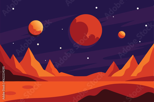 alien landscape with two moons and distant mountai (1).eps