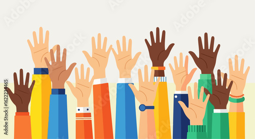 Diverse hands raised in unity and celebration