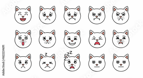 Set of Cat Emoji Faces Showing Various Emotions