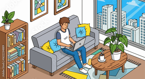 Young man using laptop in modern living room with city view