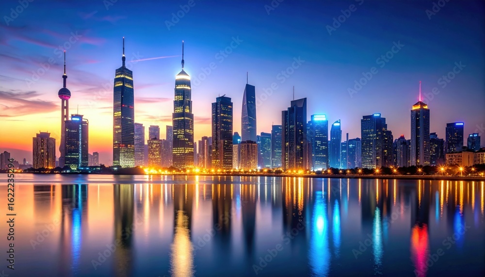 Obraz premium Sunset skyline view of shanghai's urban landscape cityscape photography vibrant night reflections modern architecture