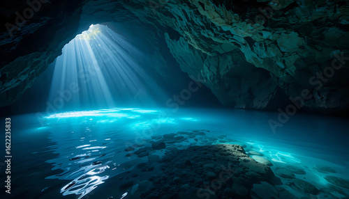 Brazil’s Poço Azul cave in Bahia glows with unreal blue water. Sunbeams shine through the entrance, illuminating submerged rock.
