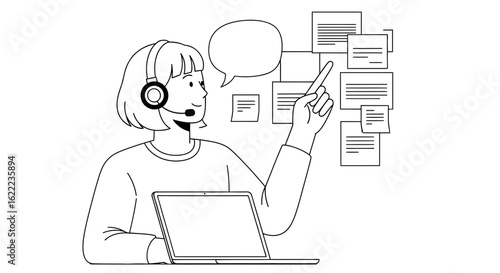 Person wearing headset with microphone pointing at documents near laptop with speech bubble customer service