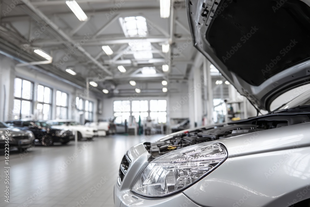 Modern car being serviced in a clean, well-lit automotive workshop auto service garage, showcasing maintenance, diagnostics, and mechanical repair environment. Modern car being serviced in a clean, well-lit automotive workshop auto service garage, showcasing maintenance, diagnostics, and mechanical repair environment.
