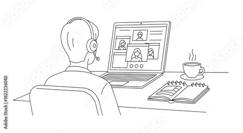 Person wearing headphones participating in a video conference on a laptop with other participants visible next to a coffee cup and open book