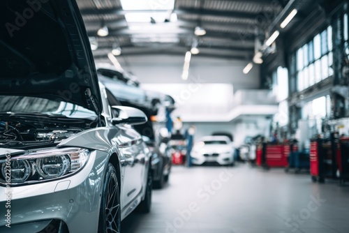 Modern car being serviced in a clean, well-lit automotive workshop auto service garage, showcasing maintenance, diagnostics, and mechanical repair environment.