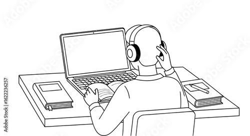Person wearing headphones studies at a desk with a laptop and open book two books on the desk study learning