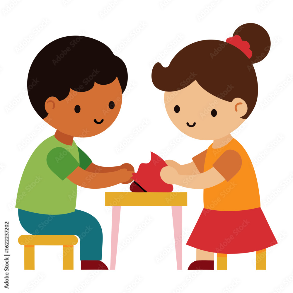 Silhouette vector illustration of two children making dolls Silhouette vector illustration of two children making dolls