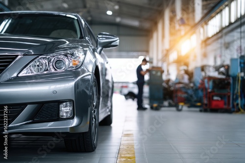 Wallpaper Mural Modern car being serviced in a clean, well-lit automotive workshop auto service garage, showcasing maintenance, diagnostics, and mechanical repair environment. Torontodigital.ca