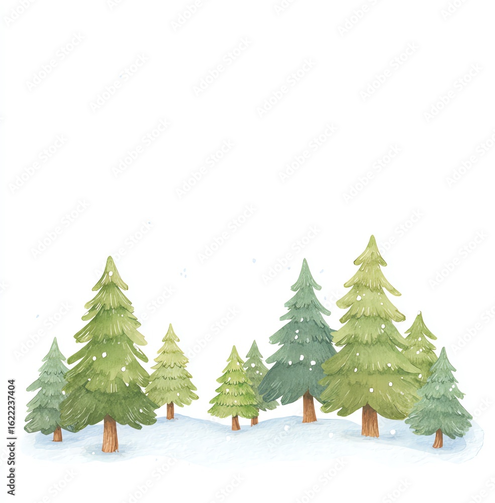 Fototapeta premium Charming Watercolor Winter Forest A serene landscape of snow-dusted evergreen trees under a peaceful sky, perfect for holiday cards or winter-themed designs.