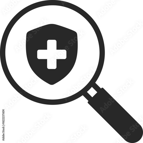 Magnifying glass searching for health shield to show medical service lookup and healthcare protection search.