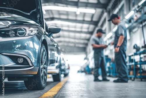 Wallpaper Mural Modern car being serviced in a clean, well-lit automotive workshop auto service garage, showcasing maintenance, diagnostics, and mechanical repair environment. Torontodigital.ca