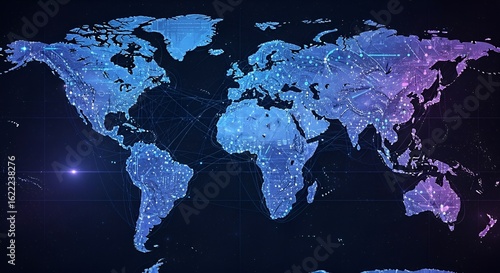 A stylized digital representation of the world map with interconnected nodes and glowing lines, highlighting global connectivity.