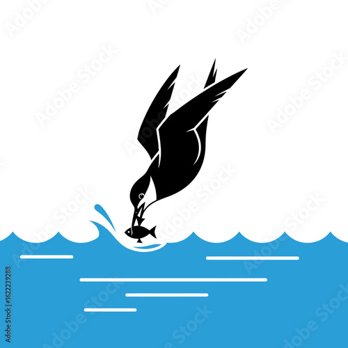 Bird diving into water to catch fish on a white background.